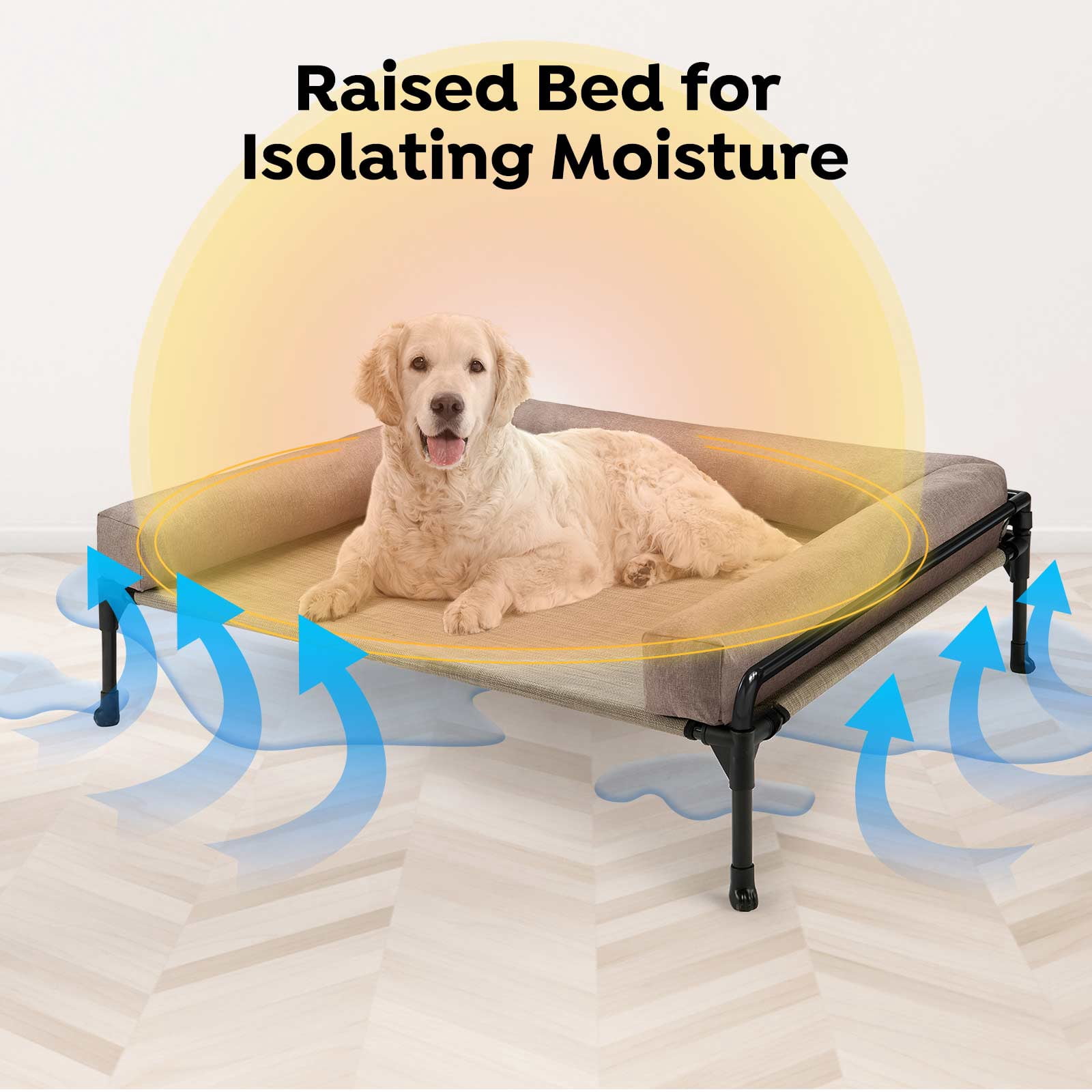 Veehoo Cooling Elevated Dog Bed with Removable Bolster, Raised Dog Sofa Bed for Large Sized Dogs, Indoor and Outdoor Metal Dog Cot with No-Slip Feet & Washable Textilene Mesh, X-Large, Beige Coffee