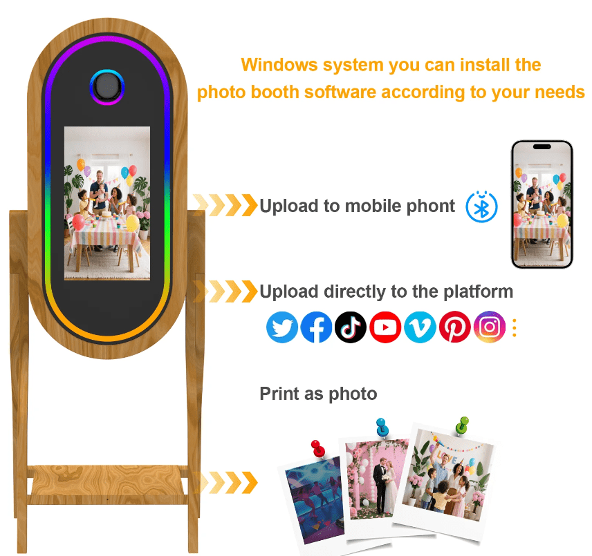 Mirror Photo Booth 50'' Wooden Magic Mirror Photo Booth with 21.5'' Interactive Touch Screen Built-in i5 Mini PC Suitable for Photography Needs in Various Locations