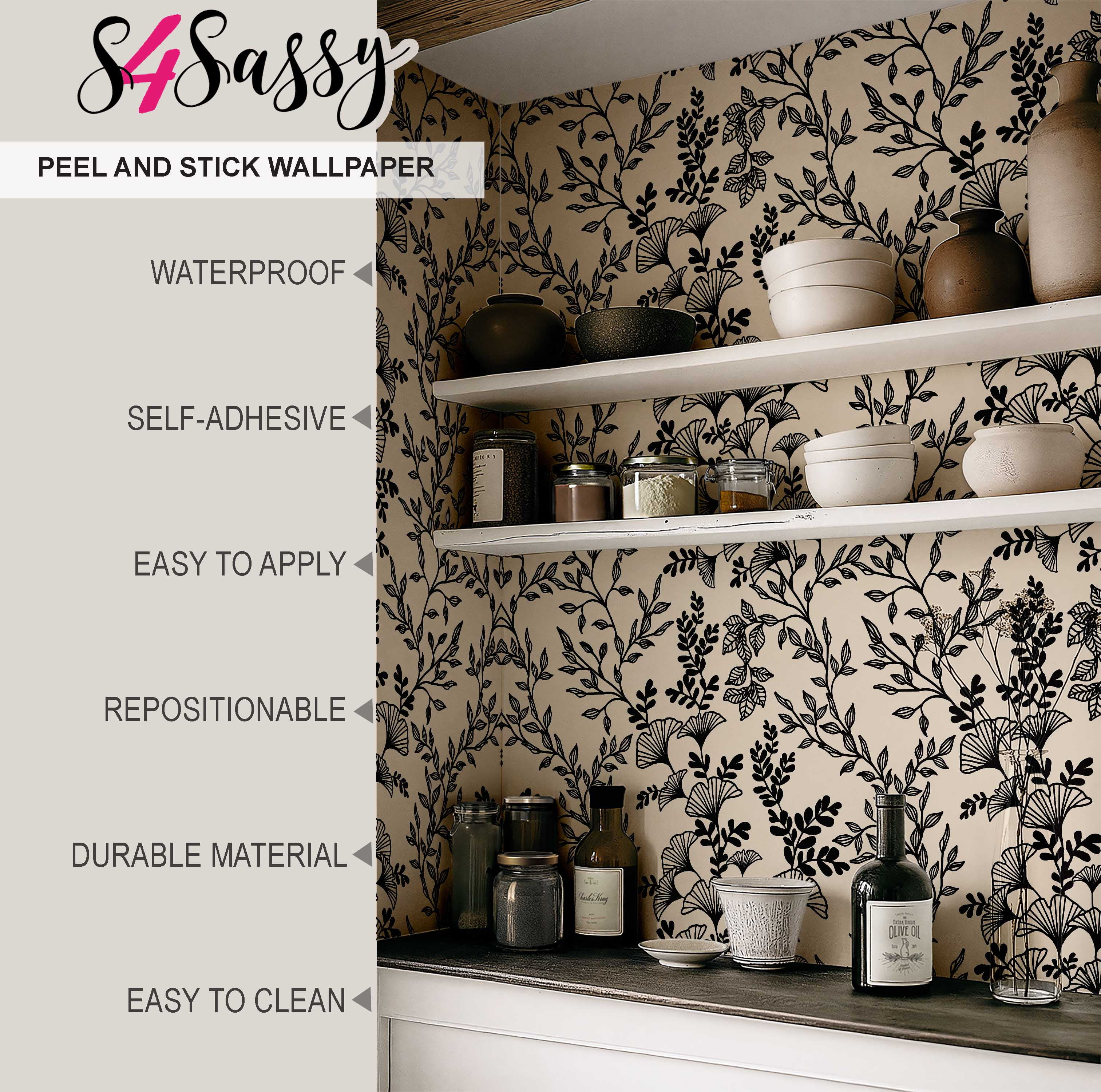S4Sassy Peel and Stick Wall Covering, Botanical Branch Wallpaper Removable Wallwrap - Black Instant Wall Mural for Bedroom, Bathroom, Laundry Room, Closet Interior (25"x240" inch)
