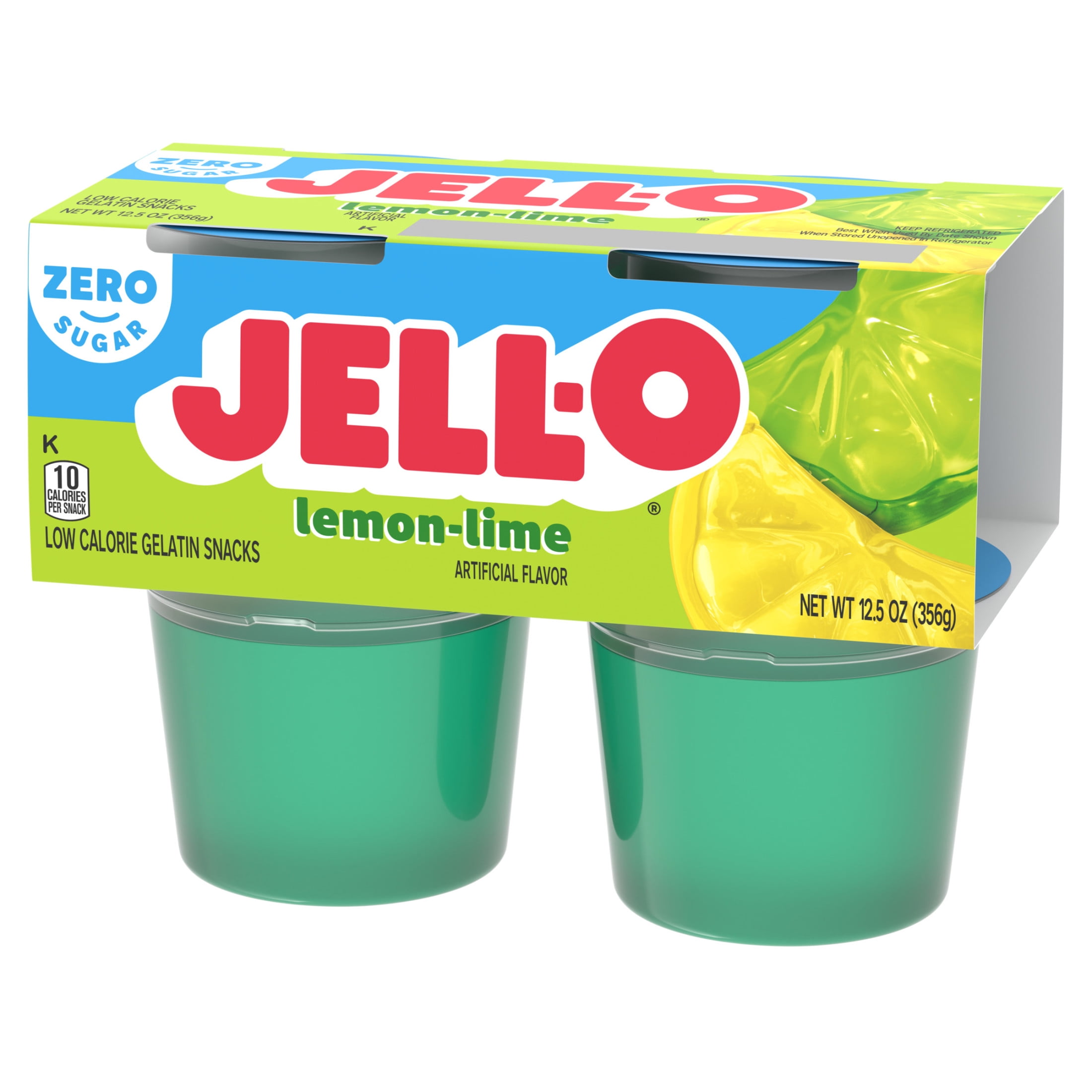 Jell-O Lemon-Lime Artificially Flavored Zero Sugar Ready-to-Eat Gelatin Snack Cups, 4 ct Cups