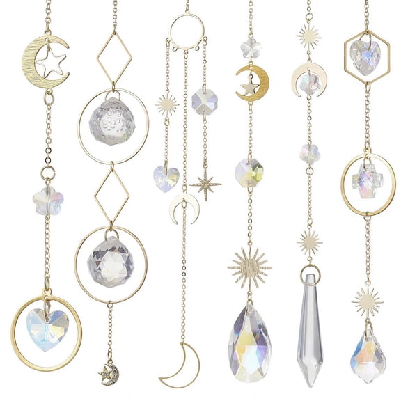 Glass Crystal Balls & Brass Sun Moon Pendant Ornament Suncatcher Hanging for Window Garden Party Plants Home Decorations Golden 365mm 6pcs/set
