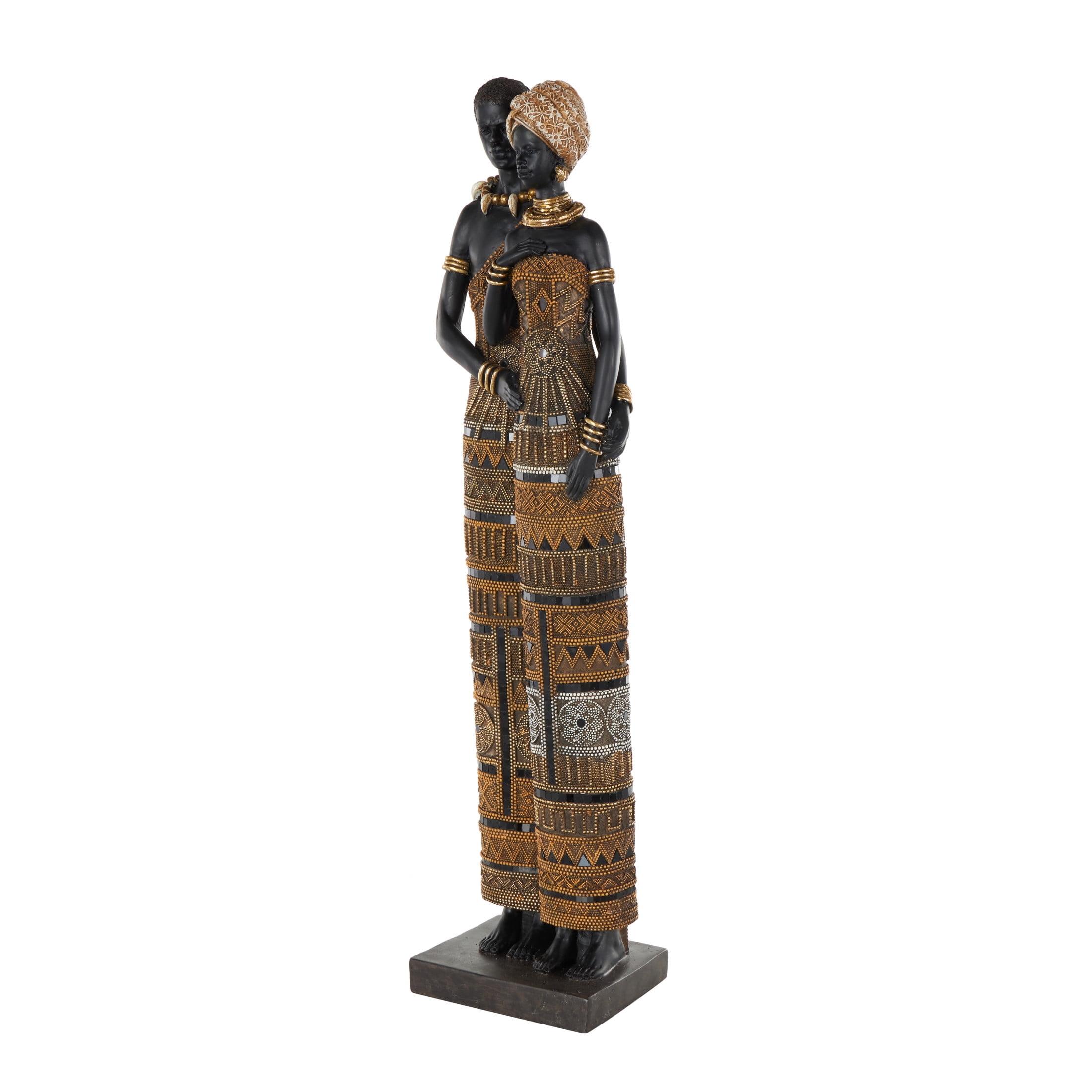 9" x 31" Black Resin Tall African Family Sculpture with Gold Jewels, by DecMode