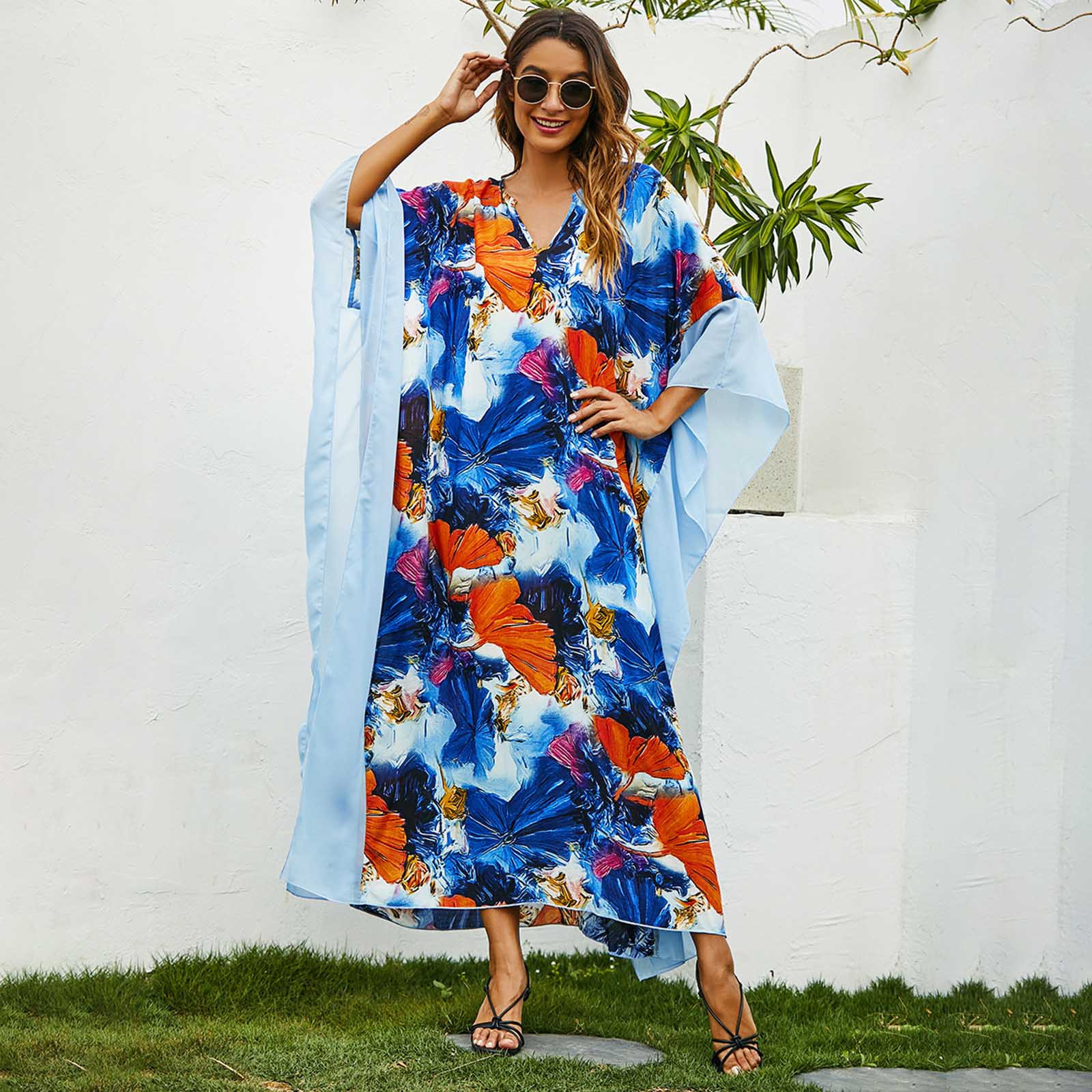 Xysaqa Beachwear Kaftan Long Dress for Women, Casual Beach Cover Ups Caftans Maxi Dress