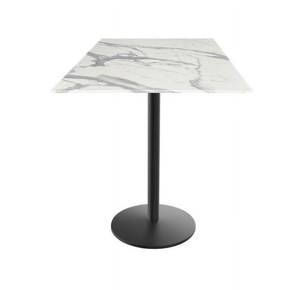 Indoor/Outdoor 36" Tall OD214 Black Table Base with 22" Diameter Foot and 36" x 36" Square Indoor/Outdoor White Marble Top by the Holland Bar Stool Co.