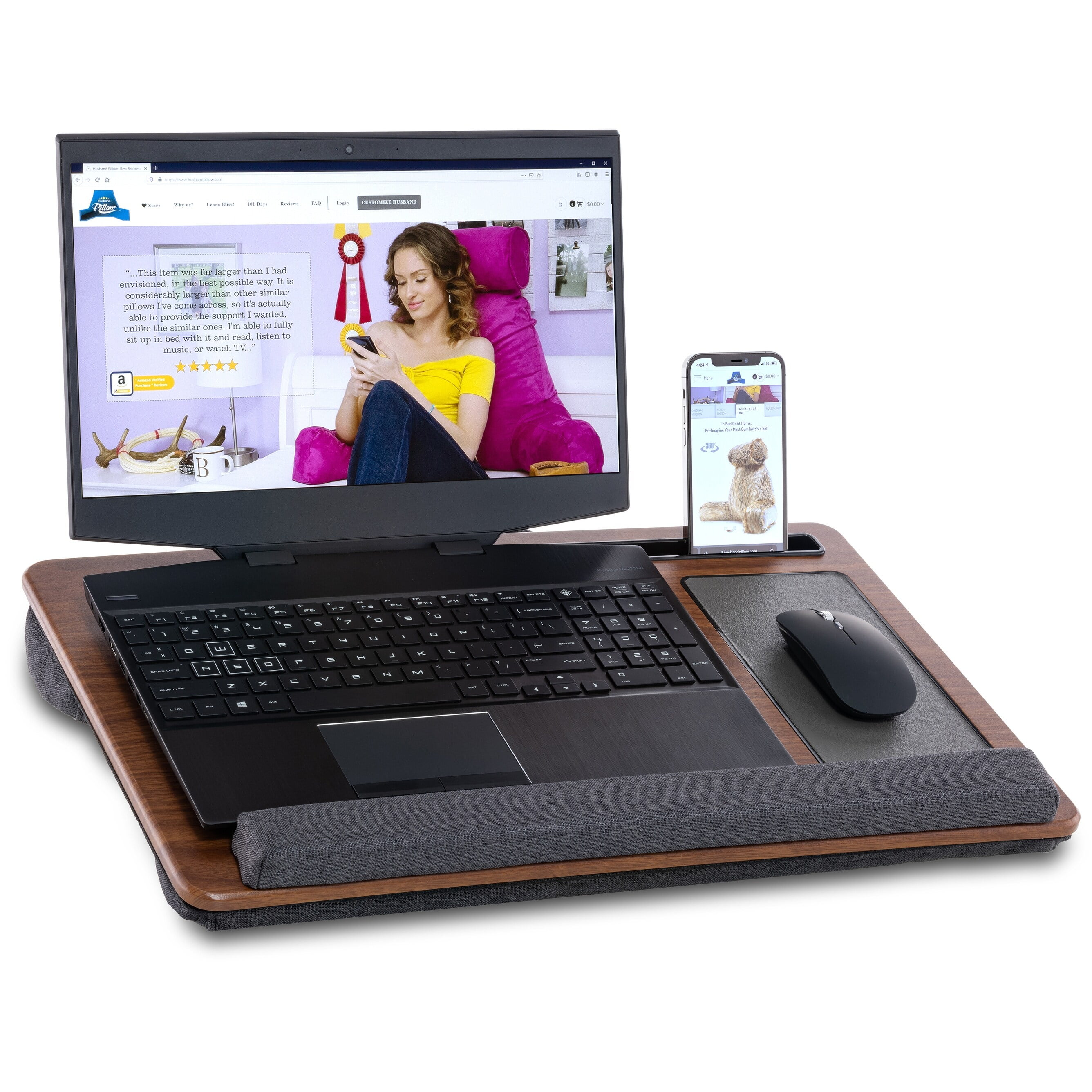 Husband Pillow - Bed Tray Desk, Adjustable Hard Wood PVC Desktop Lap Desk, Portable Laptop Table Stand Foldable Laptop Tray for Sofa Couch Floor (Large, Gray)