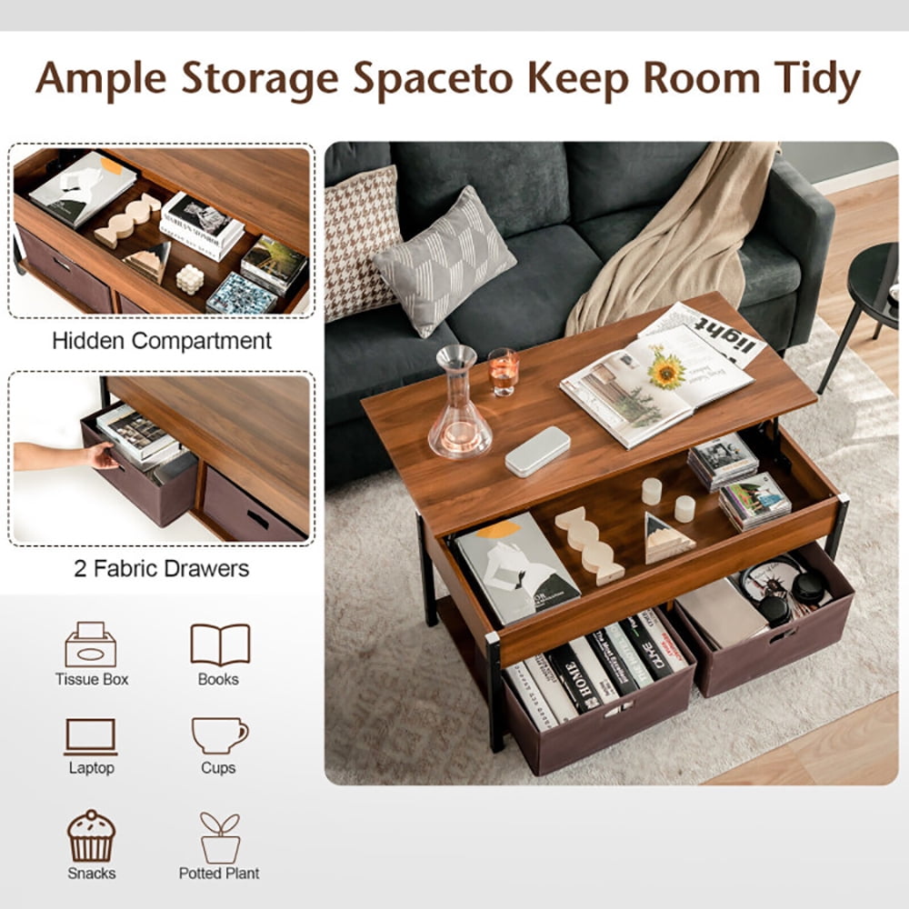 Finihen Rectangular Coffee Table, Lift Top Coffee Table, Central Table with Drawers and Hidden Compartment, for Living Room, Reception Room, Brown