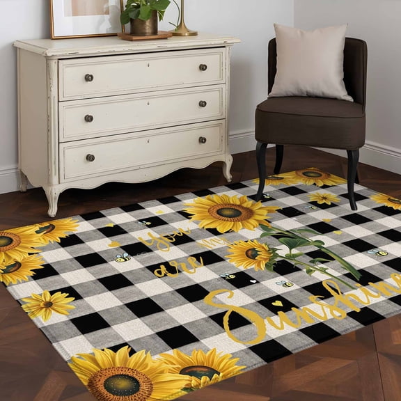 3'x5' Area Rugs, Sunflower Checked Indoor Outdoor Area Rug for Living Room Bedroom, Vintage Garden Floral Bees Farmhouse Washable Bathroom Rugs Kitchen Floor Carpet Mats Home Decor Aesthetic