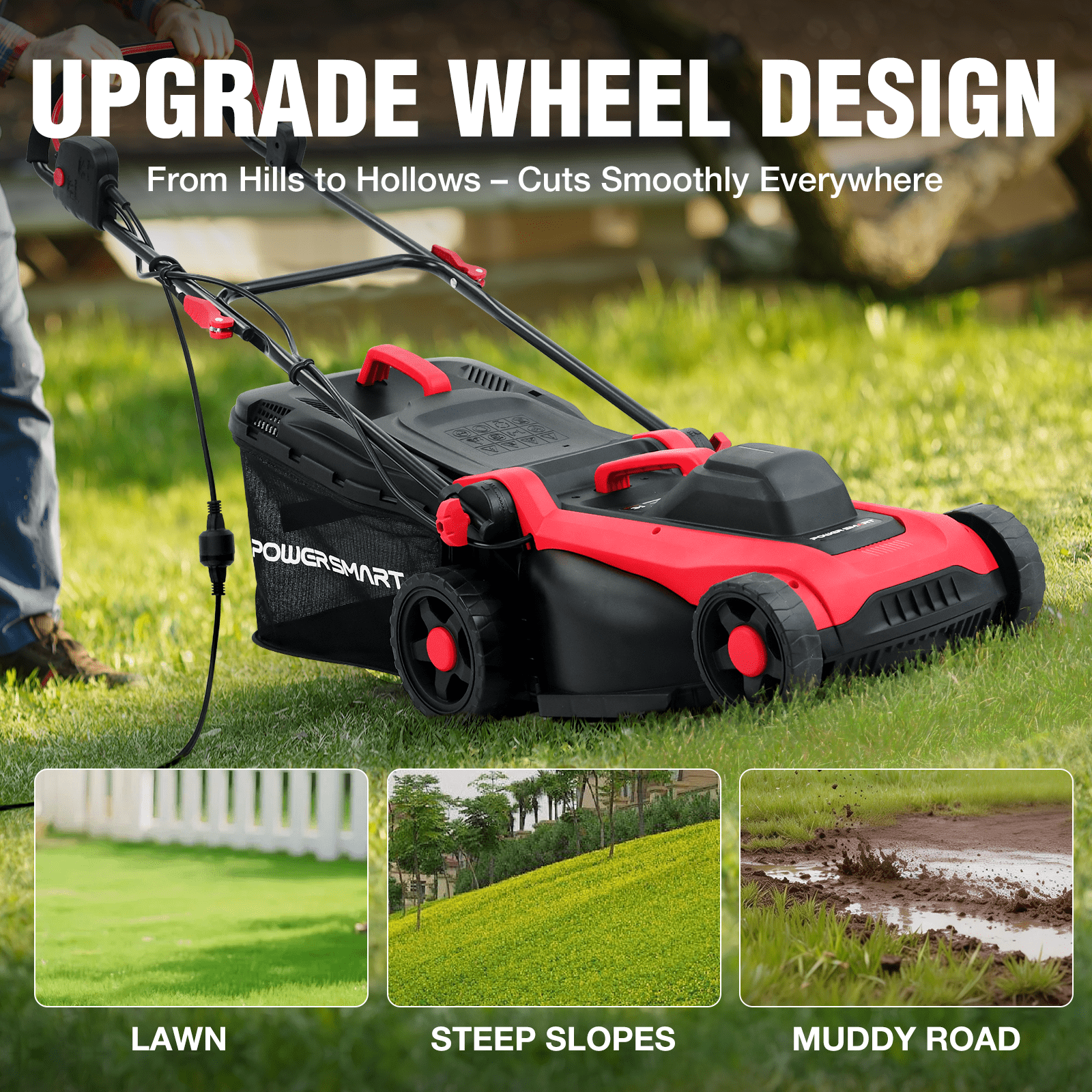 PowerSmart 14" 120V 13A 2-in-1 Electric Push Lawn Mower, Easy Handling