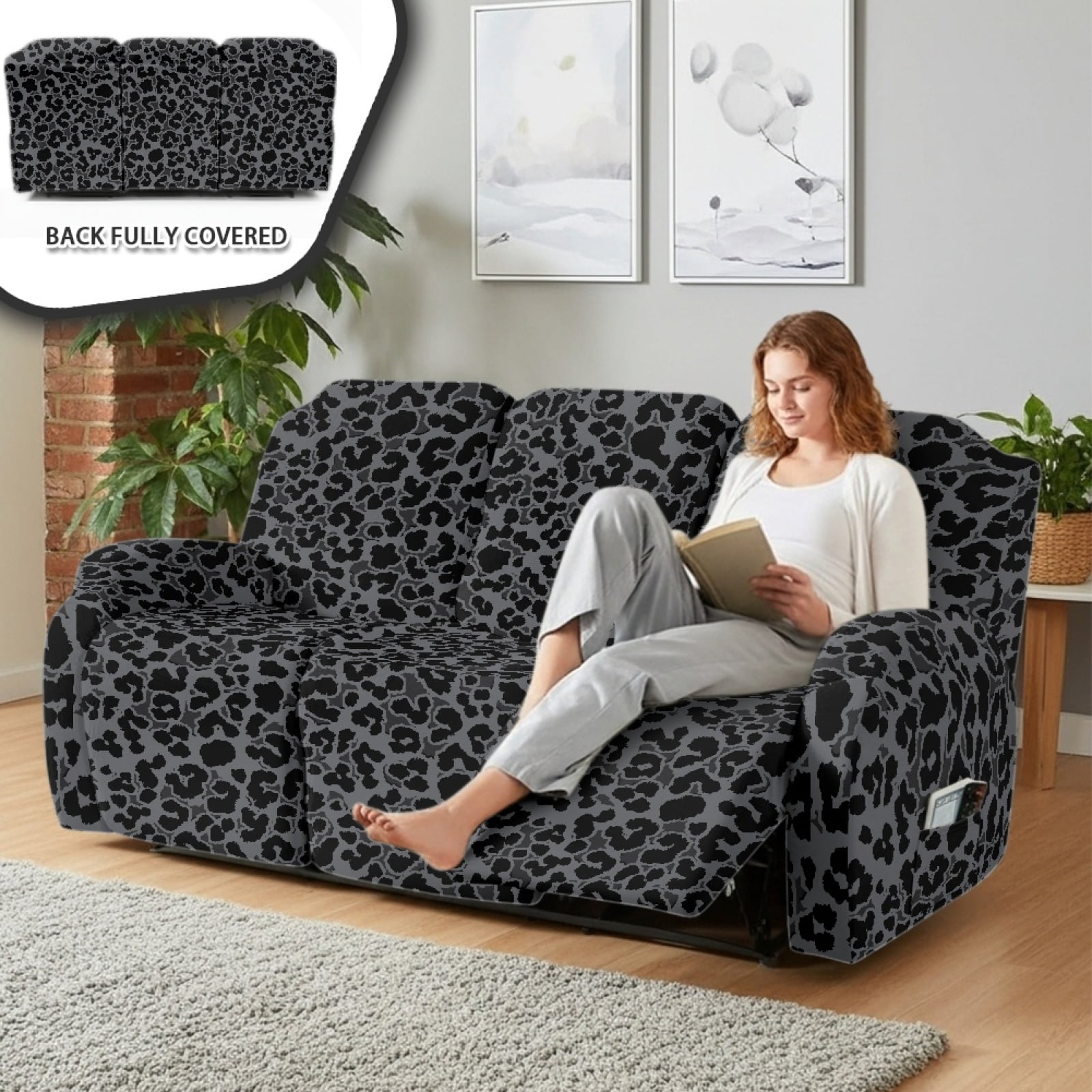 COEQINE Black Leopard Print Recliner Couch Cover Breathable 3 Seater Reclining Chair Slipcover 8 Pieces Non-Slip Recliner Sofa Cover with Pocket and Elastic Bottom for Dogs, Kids