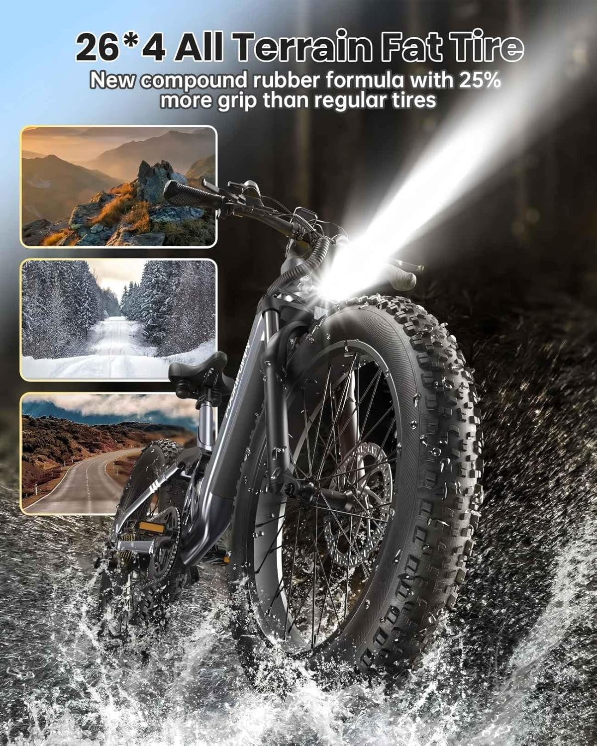 PUCKIPUPPY 26" Fat Tire Electric Bikes for Adults 28mph Top Speed 960W Peak 80Miles Max Range Full Suspension Step Through Ebike 48V 20AH Battery 7 Speed E-Mountain Bike, Comply with UL2849 By SGS