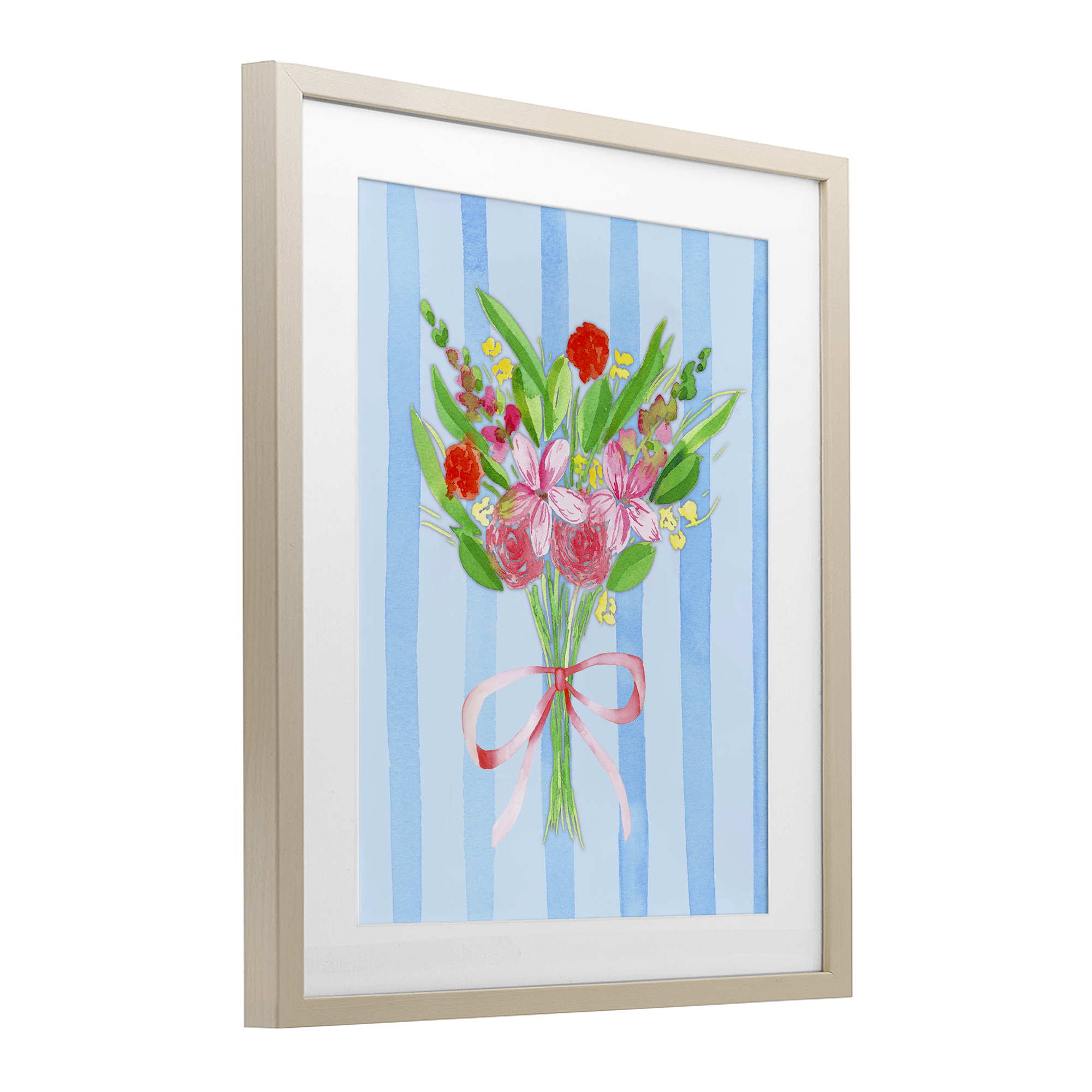 Bright Springy Bouquet Stripes Birch Framed Print Under Glass, design by Nina Jacobs