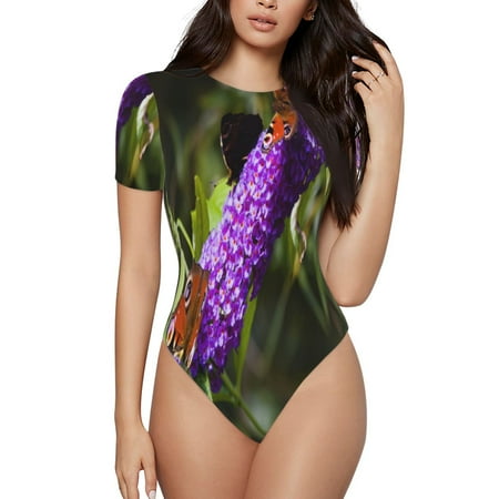 Gaeub butterfly bush flower Print Women s Short Sleeve One Piece Swimsuit Sexy High-Waisted Bodysuit Bathing Suit for Swimming  Beach  Sports-Medium