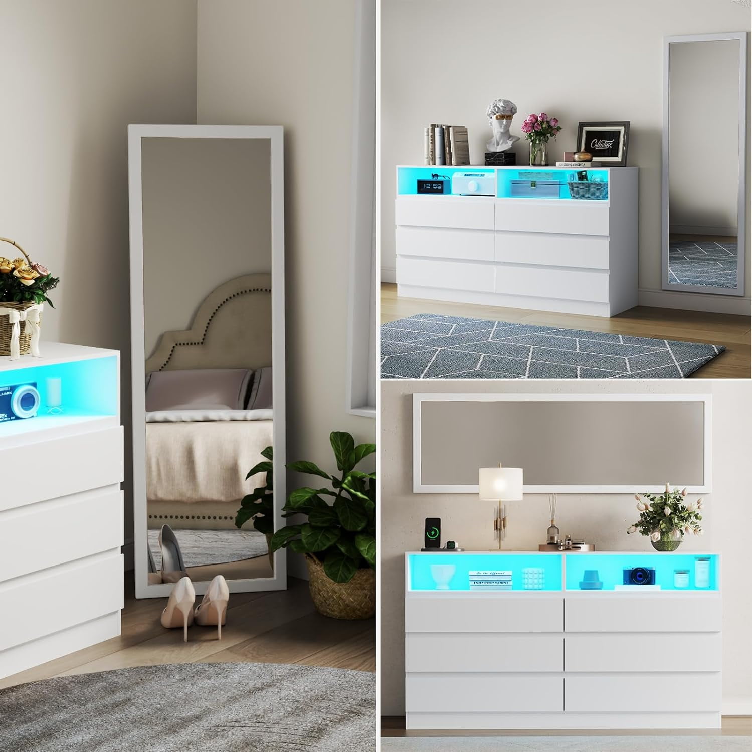 6 Drawer Dresser with Full Length Mirror 48"x16" ,Wide Chests of Drawers with LED Light,White Storage Dresser with Power Outlet,Modern Dressers for Bedroom, Living Room, Hallway(White)