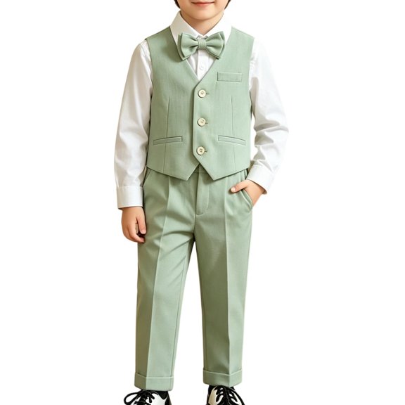 TIREOW Boys Formal Suit 4 Piece Set Long Sleeve White Shirt Waistcoat Pants and Bow Tie Set Kids Classic Wedding Tuxedo Outfit