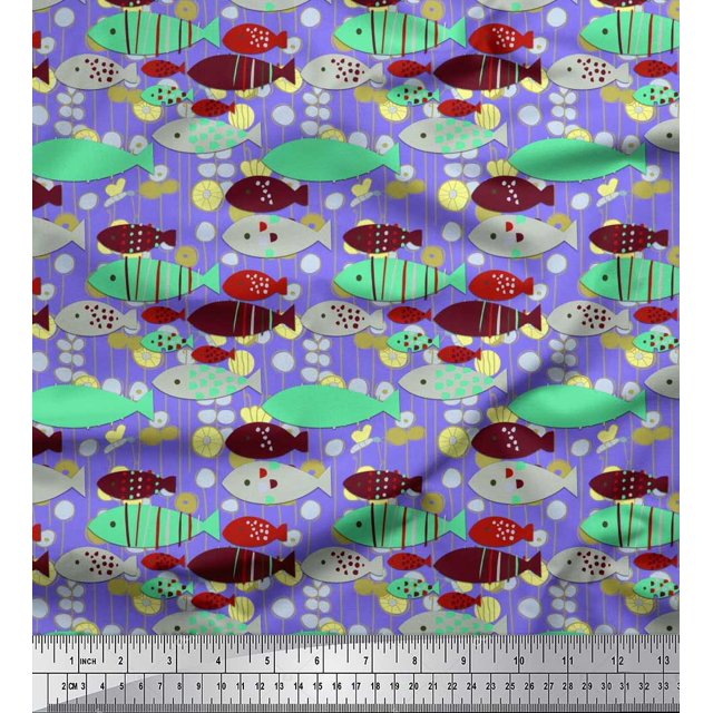 Soimoi Polyester Crepe Fabric Fish Cartoon Print Fabric by Yard 52 Inch Wide