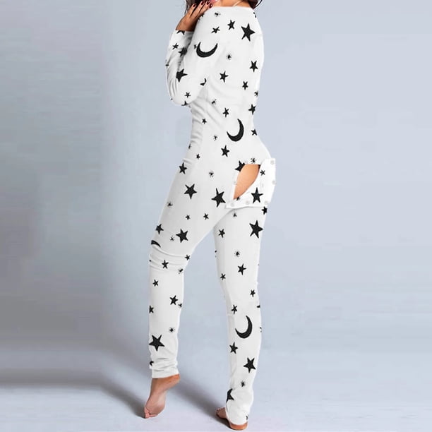 Pijama Sexy con solapa abotonada para mujer, mono de manga larga con estampado bonito, diseño de botones funcionales