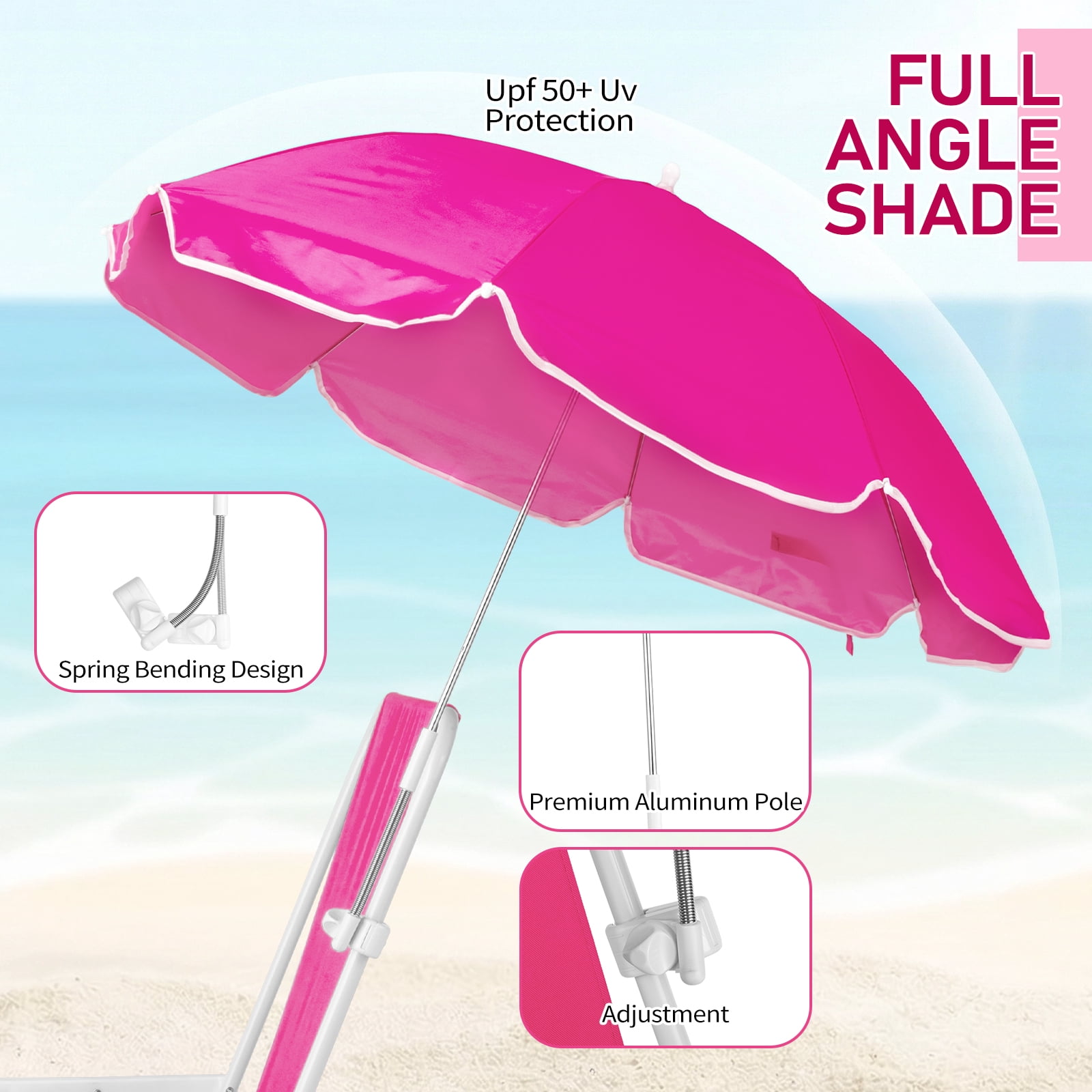 1 Pack Folding Beach Chair with Umbrella, XL Size, 15" Seat Height, Steel Spring Chair with Cross Bar, Oxford Cloth, 120kg Capacity, Barbie Pink