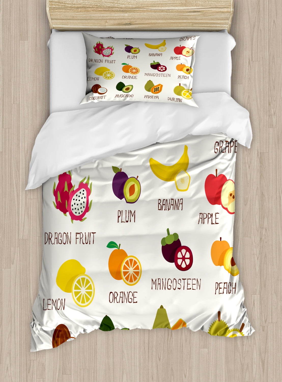 Fruit Twin Size Duvet Cover Set, Collection of Fruits Apple Orange