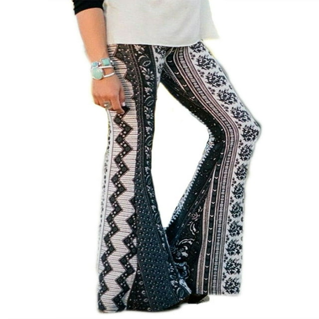PENGXIANG Women Boho Printed Flared Trousers Hippie High Waist Printed Wide Leg Long Flared Bell Bottom Pants