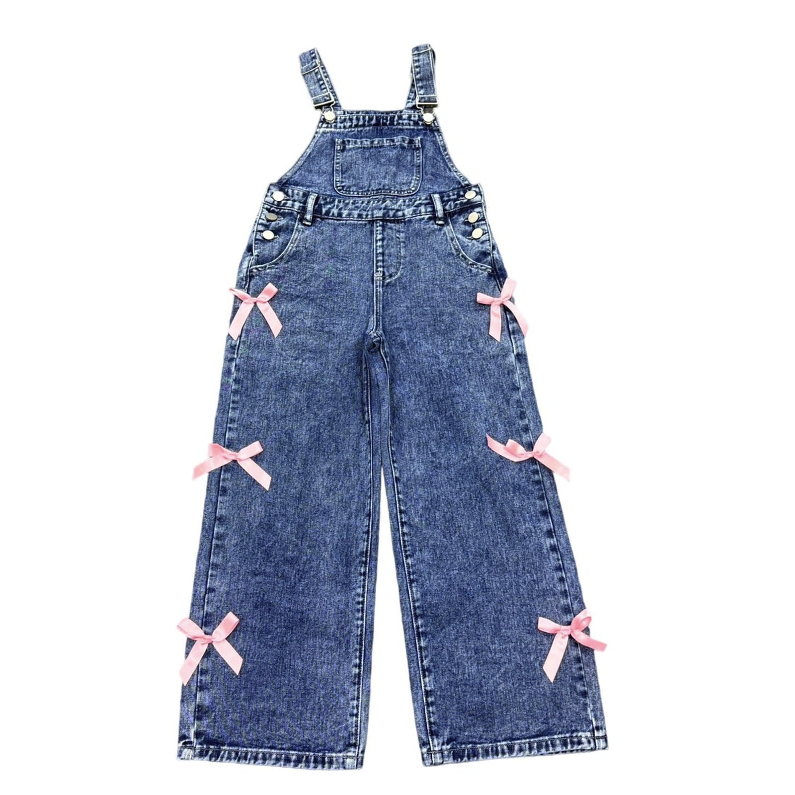 Wdgfv Girls Denim Overalls Wide Leg Jumpsuit Snowflake Washed Casual Fashion Bow Design Comfortable Stretchable Durable Soft Fabric Outfit Dark Blue 10-11Years