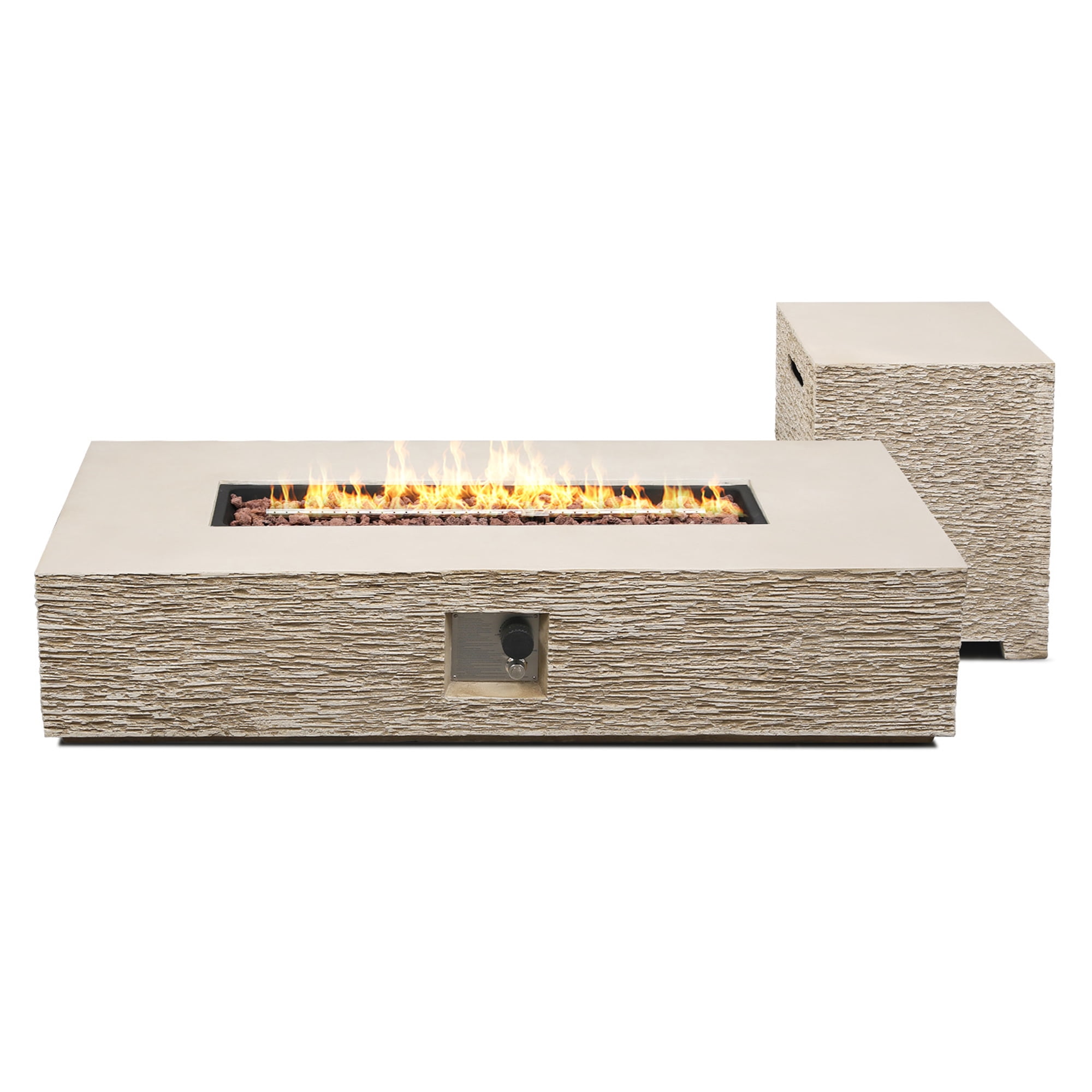 UPHA 56-inch Outdoor Propane Rectangle Fire Pit Table 50000 BTU Gas Concrete FirePit for Outside Patio with Lava Rocks, Rain Cover, Beige