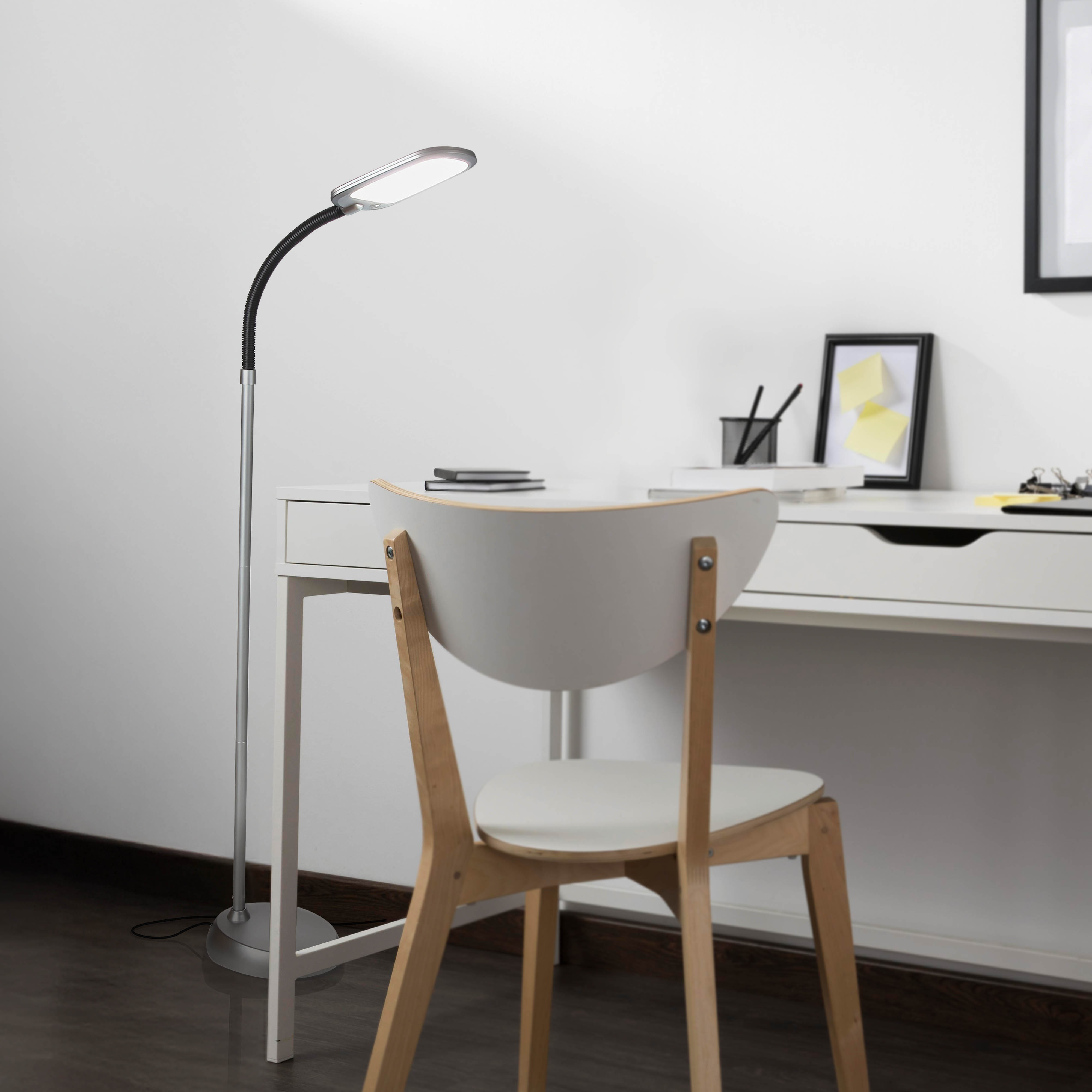 Brightech Litespan Slim LED Lamp, Modern Floor Reading Lamp Over Chair for Living Rooms & Offices, Tall Lamp with Adjustable Gooseneck, Crafts Work Light, Dimmable Standing Lamp for Bedroom - Silver