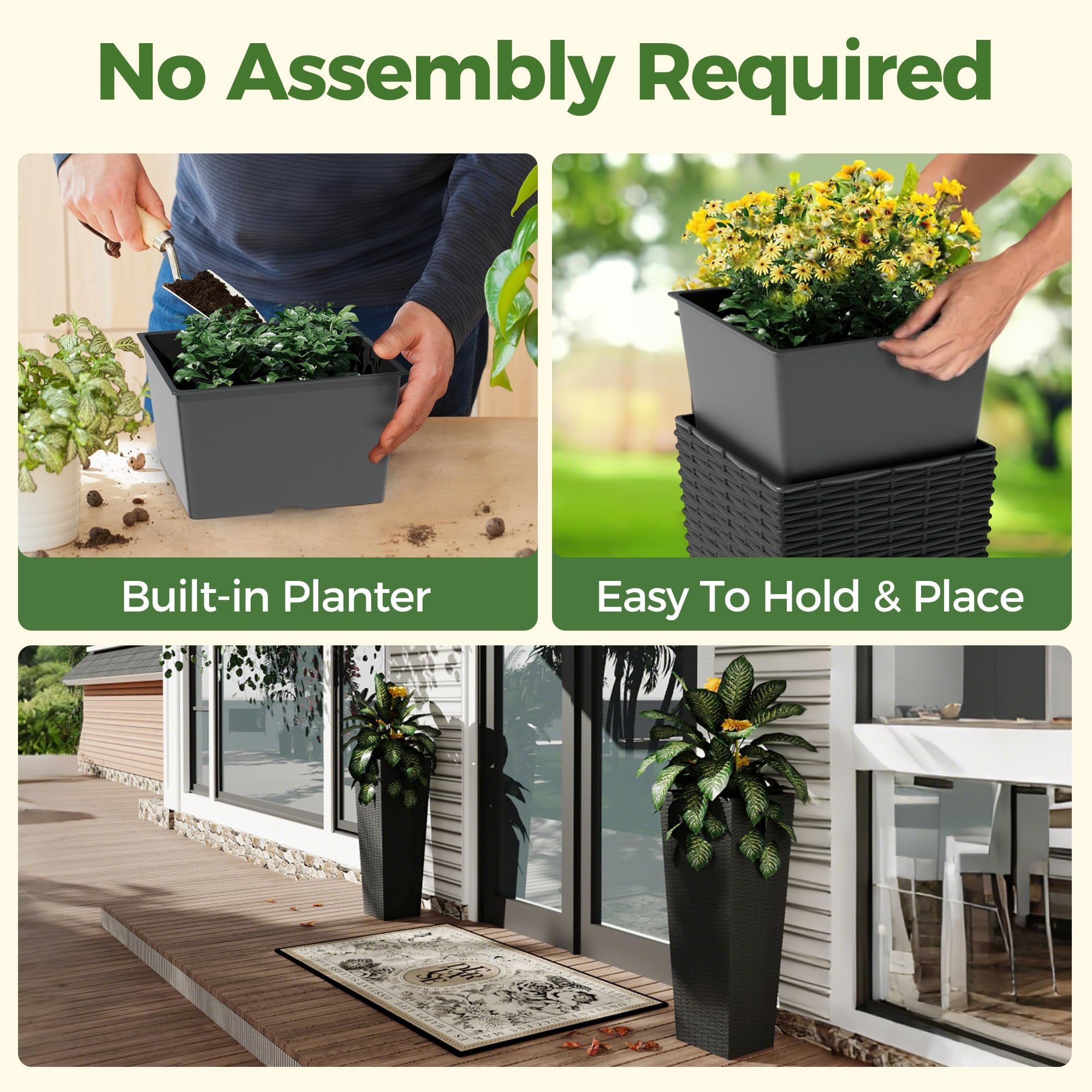 Huisuilinss Tall Planter Set Of 2 For Outdoor Plant,Tapered Planter,Decorative Flower Pots With 4 Drainage Holes For Indoor Outdoor Front Porch Patio Backyard Home Garden
