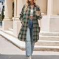 thumbnail image 2 of SWSMCLT Women's Plaid Printed Trench Coat Long Sleeve Button Down Shirt Soft Fall Button Casual Long Tops Split Spring Green Medium, 2 of 4