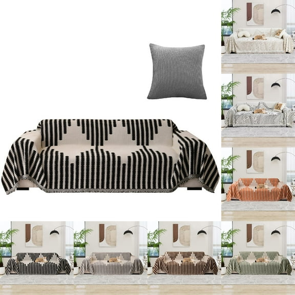 Eurhowing Boho Couch Cover for 1-2 Cushion Couch, Chenille Sofa Cover Blanket with a Pillowcase, Anti-Slip Tassel Sofa Slipcover for Pet, (71" x 102", Black)