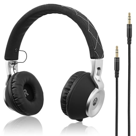 Audiomate High Bass Wired Over-Ear Headphones Stylish Foldable and Portable Headset with Drawstring Bag Noise-Isolating Earphones for Smartphone, PC, Tablet, TV, Gaming & More (Black/