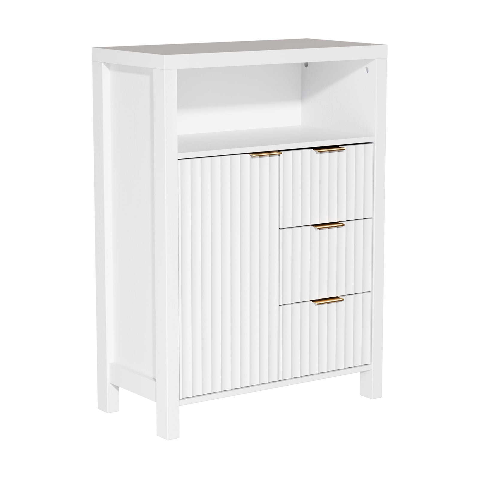 Ktaxon Fluted MDF Bathroom Floor Cabinet with Grille Single Door and Three Drawers, White