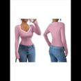 thumbnail image 3 of Camisetas Ajustadas con Cuello en Forma de Corazón para Mujer, Tops de Punto Acanalado con Mangas Largas Acampanadas Rosa L, 3 of 7