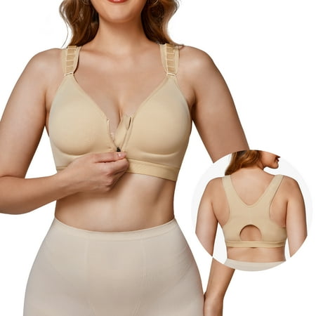 

Molutan Women Post-Surgical Bra Zip Front Solid Athlete Bras Racerback Support Wireless Adjustable Straps(Beige 3XL)