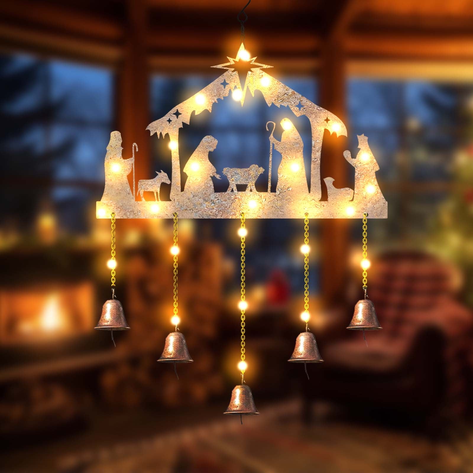 Nativity Theme Iron Wind Chime 11.81x19.69in Indoor Outdoor Hanging Decor Musical Holiday Christmas Garden Patio Decorative Art Piece Anniversary Present