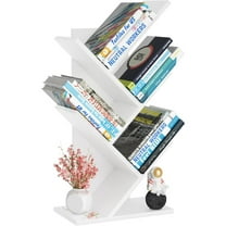 5 Tier Tree Book Shelf, Small Desktop Bookshelf with Storage Organizer, Wood Bookcase, Desk Display Bookshelves, Floor Standing Organizer Bookcases for Living Room,Bedroom,Office-White