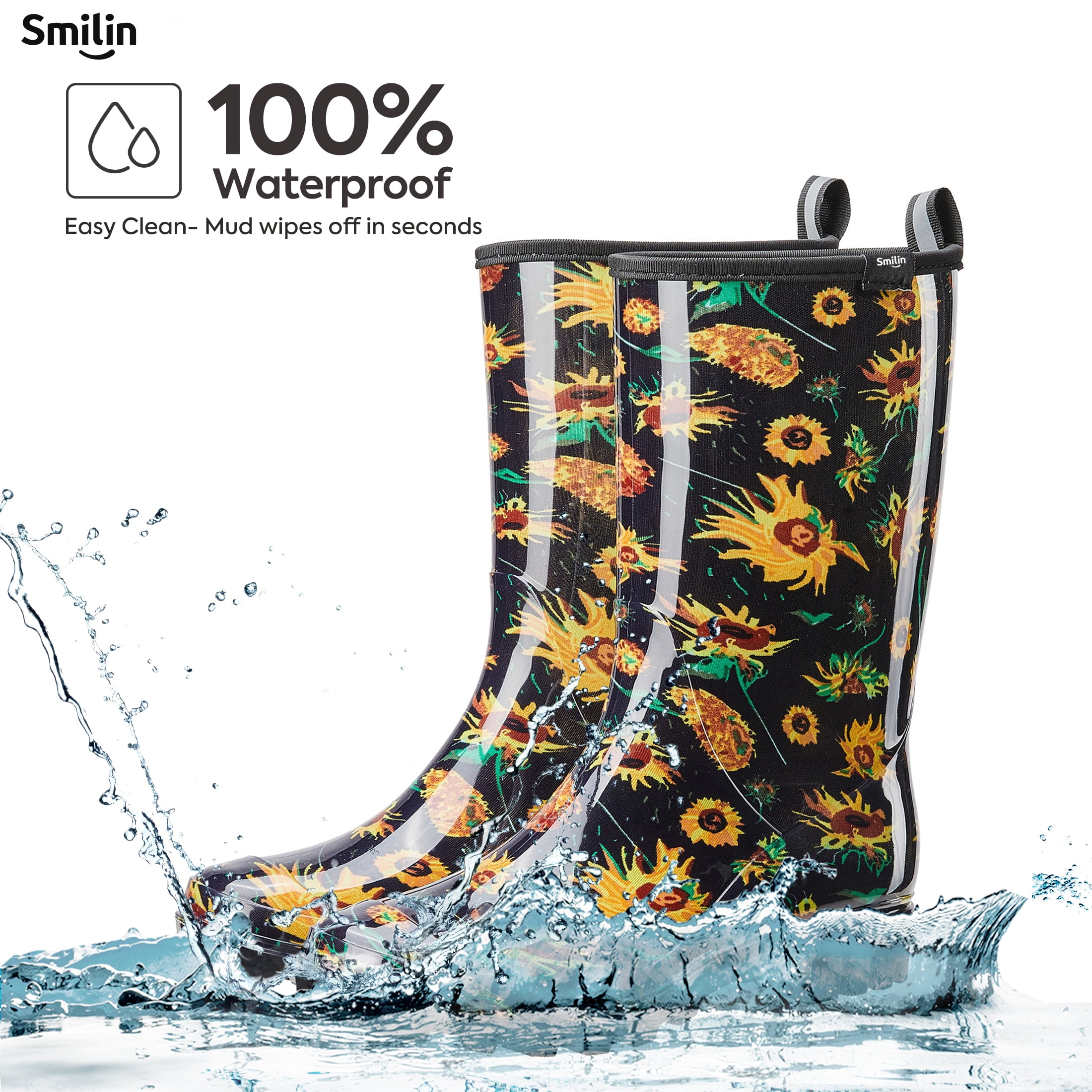 SMILIN Women's Rain Boots, Waterproof Non-slip High Ankle Garden Boots，Black Sunflower, Size 6