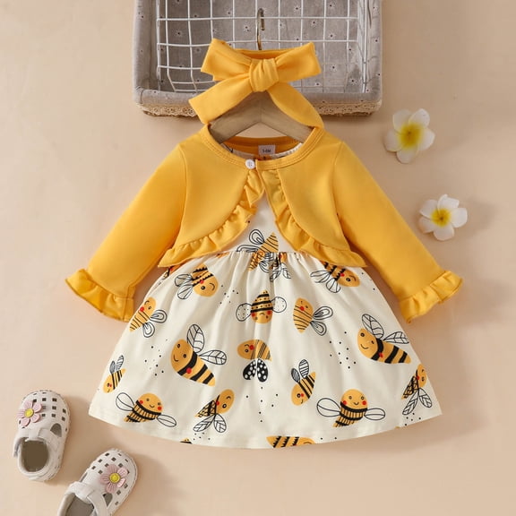 Kids Girls Outfit Sets 3 Piece Solid Long Sleeve Cardigan with Bee Print Dress Headband Set Size 9-12M