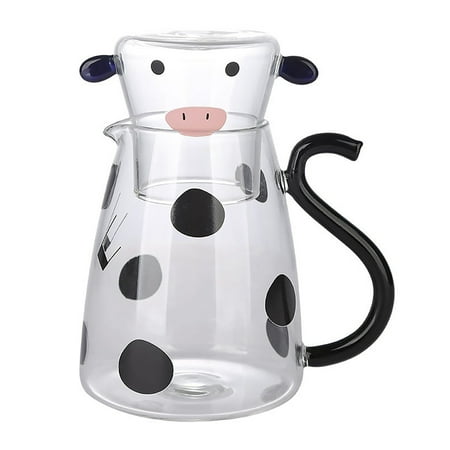 

Cow Glass Water Pitcher with Glass Cup 1800ml Cold Fruit Juice Jug Glass Pitcher with Lid Cartoon Cow Cold Kettle for Bedroom Nightstand