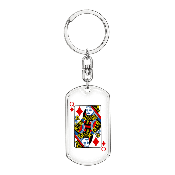 Queen of Diamonds Gambler Stainless Steel or 18k Gold Premium Swivel Dog Tag Keychain