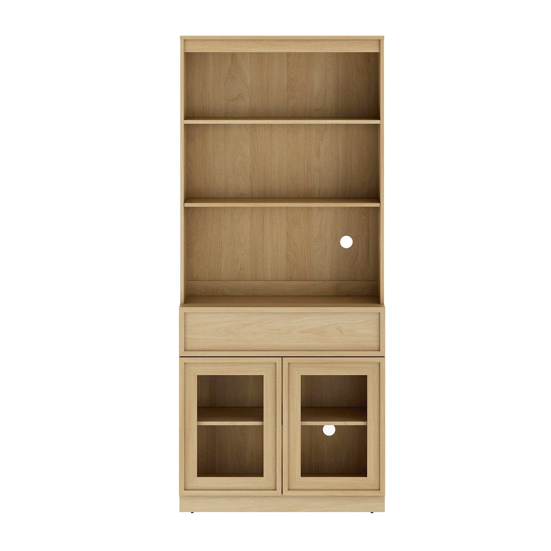 Modern 72" Tall Bookshelf with Glass Doors & Drawers, Library Bookcase with Storage Cabinet and Open Shelves,Oak