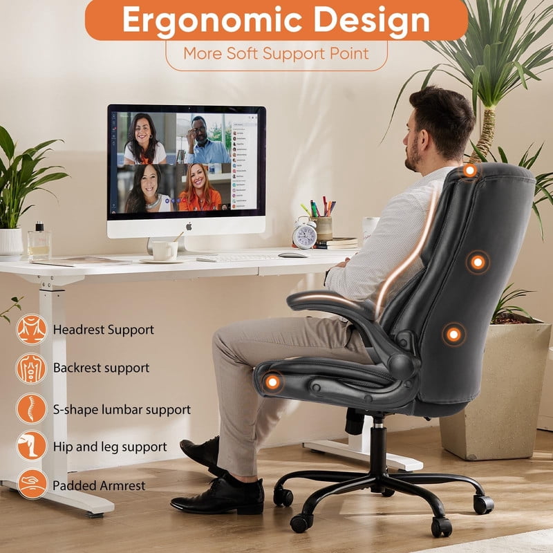 Kelno PU Leather Executive Office Chair with Flip Up Armrest Ergonomic Drafting Chair,Black