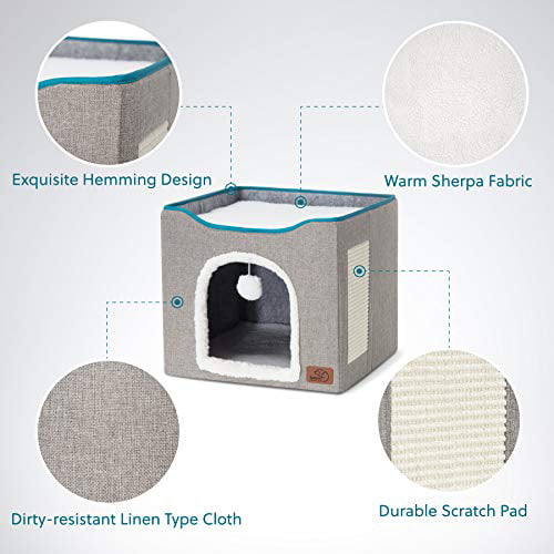 ROMANTIC BEAR Upgrade Cat Cube 16.5x16.5x14 inches Grey Foldable Cat Bed for Indoor Cats Cat House Indoor with Fillable Fluffy Ball Hanging and Removable Scratch Pad 