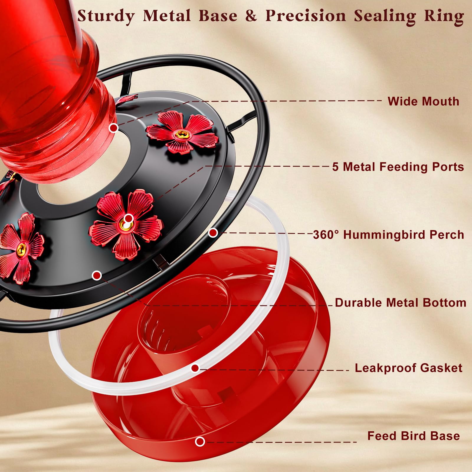 Red 24 Oz Thick Glass Hummingbird Feeder, Outdoor Hanging Garden Decor with 5 Feeding Ports