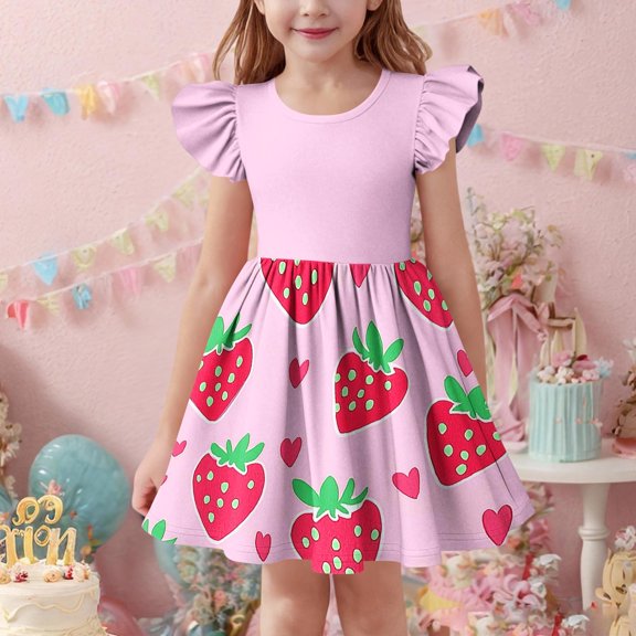 Fatuov Girls Flutter Sleeve Dress Crew Neck Vacation A-Line Dress for Gift Cute Print Loose Fit Summer Dress Size 5 Years