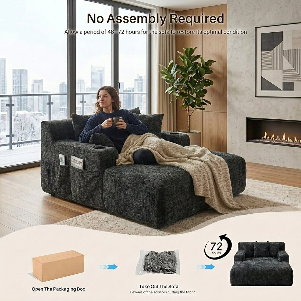MOONMISS Chenille Chaise Lounge Chair Indoor, Single Sleeper Sofa Chair with Pillows & Cup Holders, Comfy Compression Sofa Bed for Living Room, Bedroom