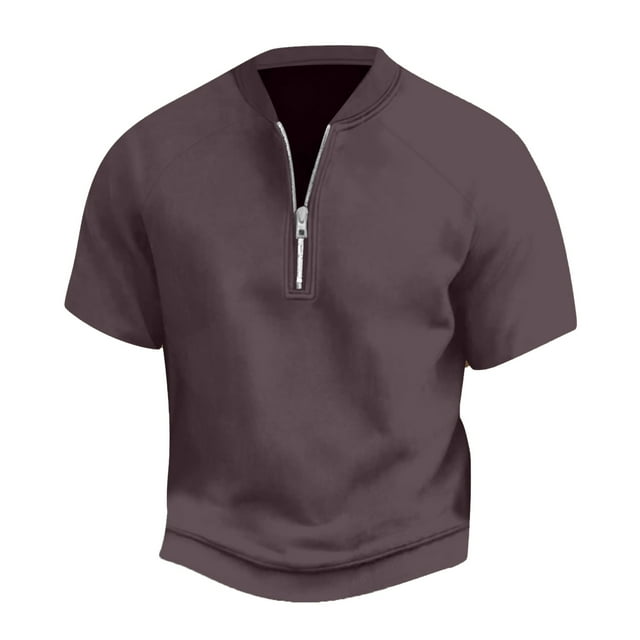 Hiiyo Men's Solid Color Short Sleeved T-Shirt With Half Zipper Summer Daily Tshirt