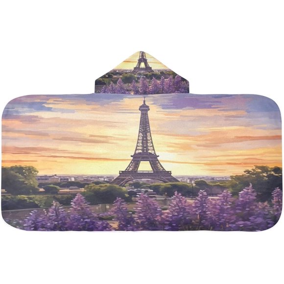 Eiffel Tower Purple Lavender Bath Towel Soft Absorbent Pool Beach Hooded Poncho Towel Wrap for Toddler Kids Boys, 23.5" x 50"