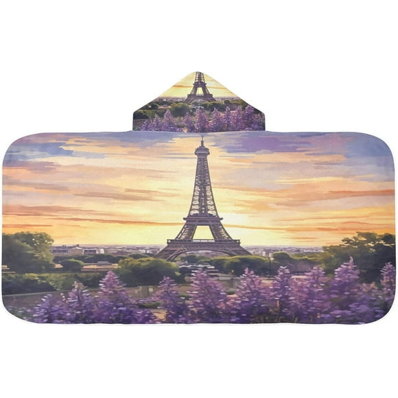 Eiffel Tower Purple Lavender Bath Towel Soft Absorbent Pool Beach Hooded Poncho Towel Wrap for Toddler Kids Boys, 23.5" x 50"