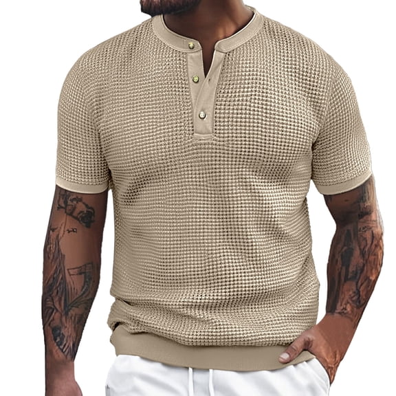 uikmnh Men's T Shirts European Solid Color Knitted Pineapple Jacquard Texture Men Casual Loose Comfortable Trendy Button Open Neck Short Sleeved T Shirt Size:S