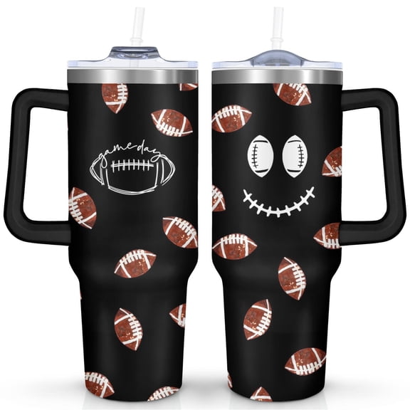 40 Oz Football Themed Tumbler with Handle and Straw, Double Wall Vacuum Reusable Stainless Steel Water Bottle Leak Proof Insulated Travel Mug Iced Coffee Cup Perfect Gift for Birthday